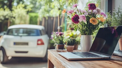 Laptop on wooden table with flowers and car outdoors