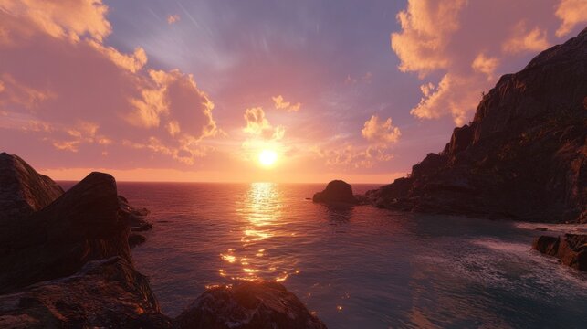 Coastal sunset over tranquil waters. Rocky shores meet a calm sea as the sun sets, painting the sky in warm hues