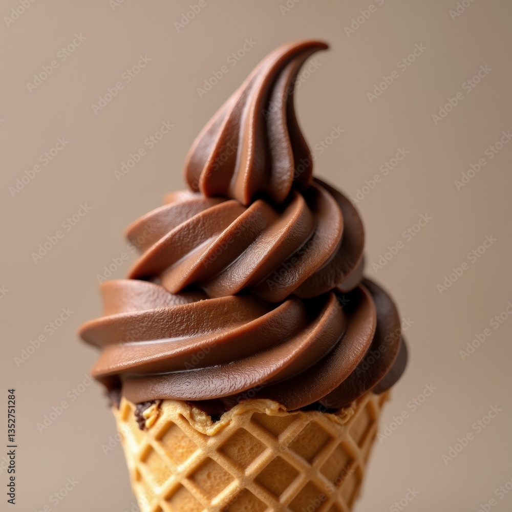 Poster close chocolate ice cream cone cone waffle cones placed beige background ice cream rich dark brown c