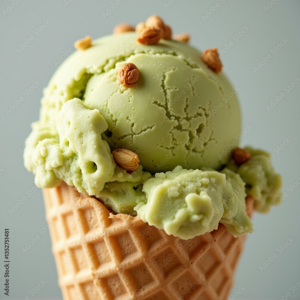 Poster close scoop green ice cream waffle cone ice cream appears light green color has smooth texture top i