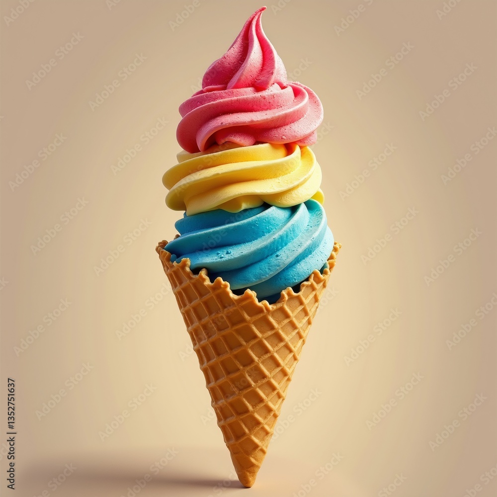 Poster ice cream cone cone waffle has golden brown color inside cone three layers colorful ice cream top layer pink middle layer yellow bottom layer blue ice cream swirls arranged circular pattern pink