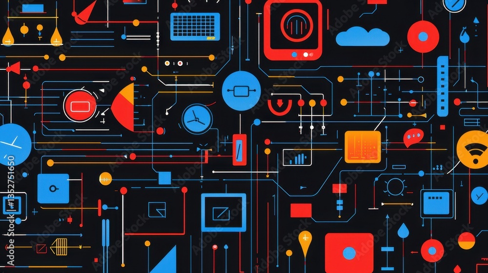 Poster abstract representation of technology connections and data flow in a vibrant design with geometric s