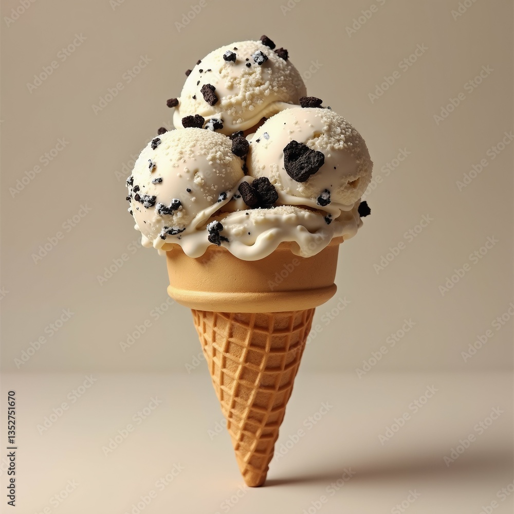 Poster ice cream cone three scoops vanilla ice cream cone waffle cone light brown color ice cream topped ch