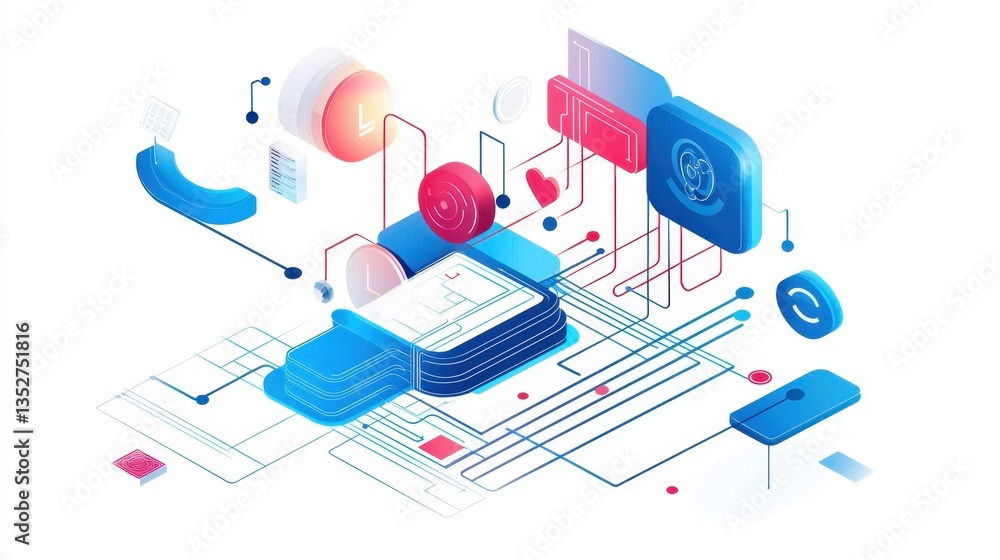 Poster digital technology abstract design showcasing interconnected elements and vibrant colors in a modern