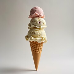 three scoops ice cream ice cream cone cone light brown color has waffle like texture top scoop pink middle scoop white bottom scoop yellow ice cream scoops arranged pyramid like shape pink scoop top