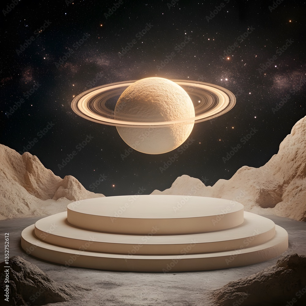 Poster a circular podium, floating in an outer space setting with planetary rings