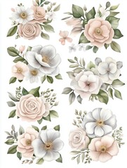 A set of six flower decals featuring various types of flowers, including roses