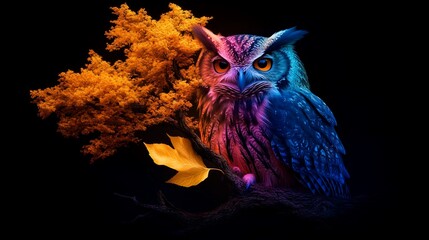Vibrant nocturnal owl perched on a branch with colorful autumn foliage