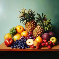A painting of a table full of fruit including apples, oranges, grapes