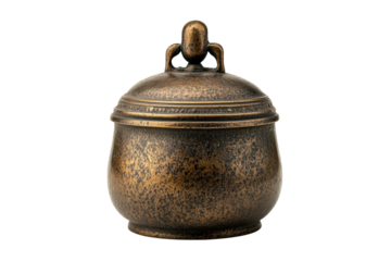 Antique bronze decorative container with lid and handle on black background, cut out