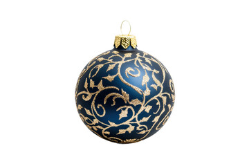 Elegant blue christmas ornament with gold glitter design on black background, cut out