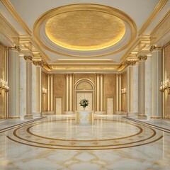 Obraz premium A podium inside an opulent luxury hotel lobby, surrounded by gold and marble elements