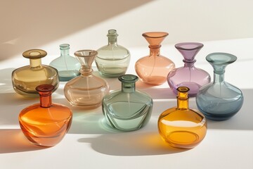 A row of colorful glass vases with different scents