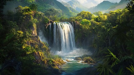 Fototapeta premium A breathtaking landscape featuring a majestic waterfall cascading down rocky cliffs, surrounded by lush, vibrant greenery and tropical vegetation. The scene is enhanced by rolling hills and distant mo