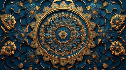 Obraz premium Intricate gold and blue 3D mandala pattern.