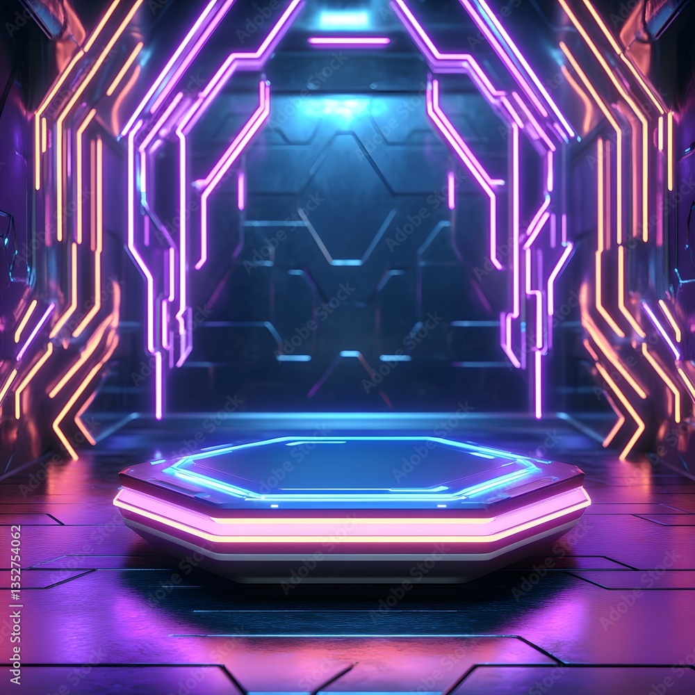 Poster a futuristic levitating hexagonal podium, surrounded by floating digital neon interfaces