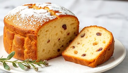 Obraz premium Delicious freshly baked raisin cake with dusting sugar in elegant presentation