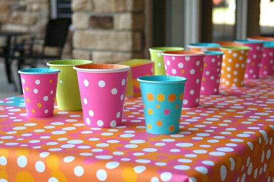 Colorful polka-dotted cups arranged on a matching tablecloth, setting a festive scene.