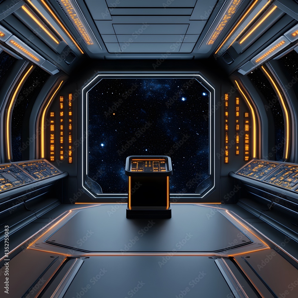Poster a podium in a futuristic spaceship, with glowing control panels and deep-space background