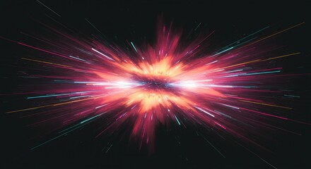 Fototapeta premium Vibrant Cosmic Explosion with Neon Streaks on Black Background for Sci-Fi and Tech Designs.