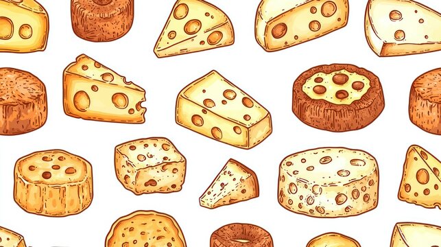 Cheese Assorted yellow cheeses with holes arranged on white background