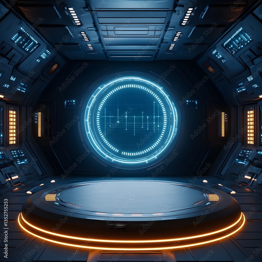 Poster a podium in a futuristic spaceship, with glowing control panels and deep-space background