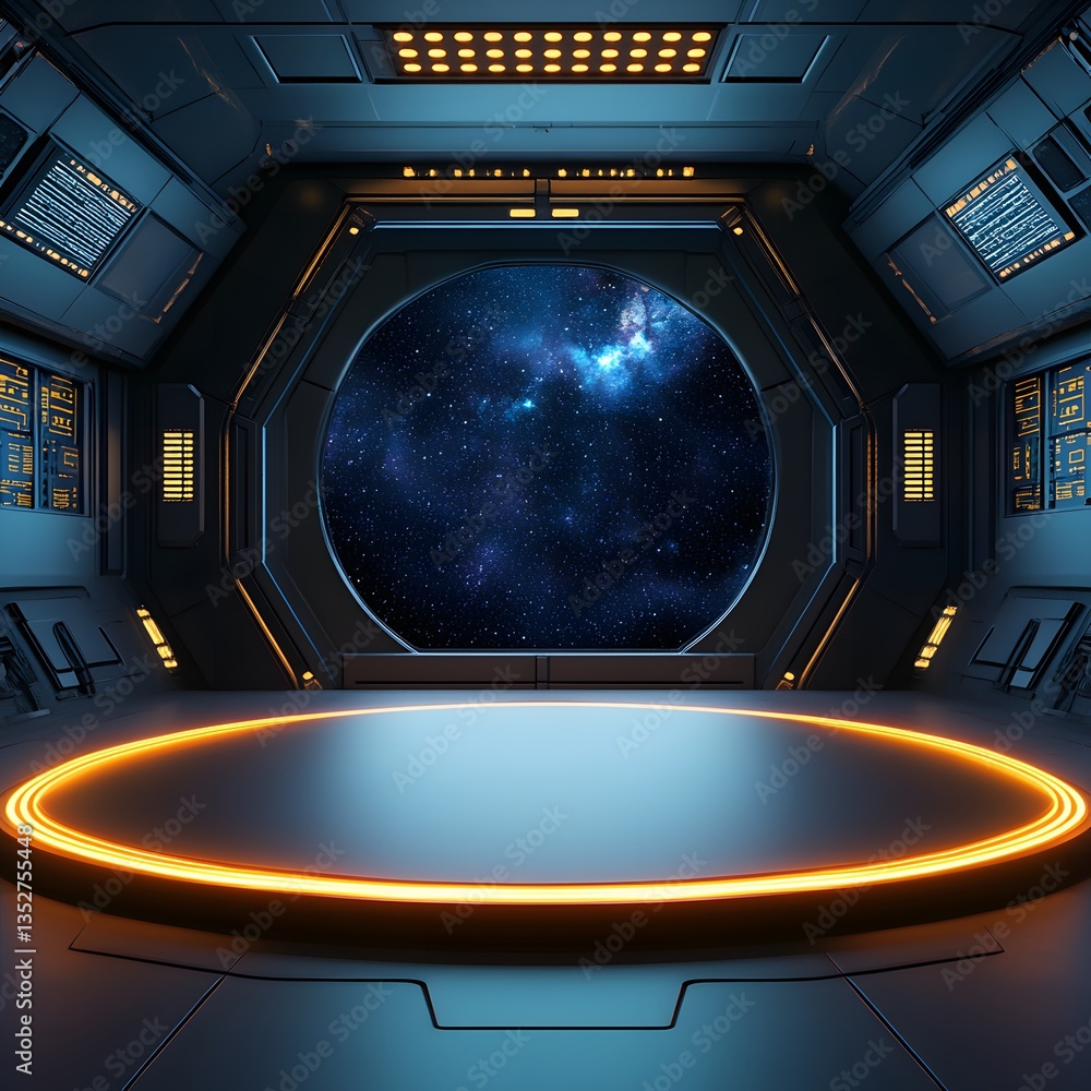 Poster a podium in a futuristic spaceship, with glowing control panels and deep-space background