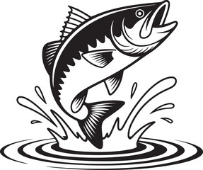 Jumping Bass Fish silhouette Black and White Illustration, Fishing Logo, Sport Fishing Clipart, vector