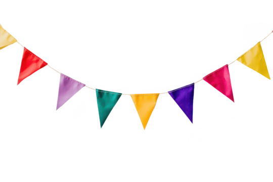 Colorful triangular pennant banner hanging against a plain white wall background decoration party