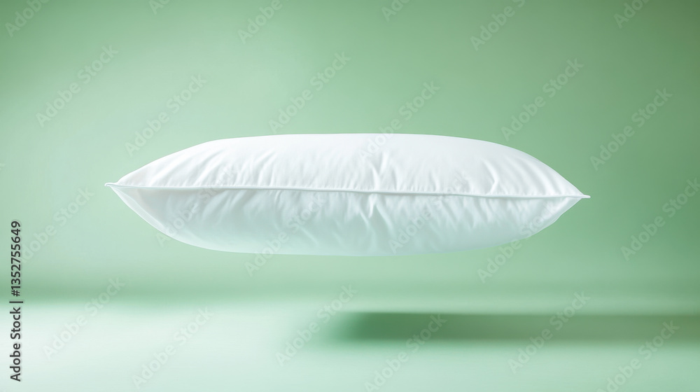 Poster soft, white pillow floating above a serene green background creating a calming and minimalistic atmo
