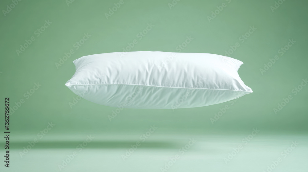 Poster soft, white pillow floating above a serene green background creating a calming and minimalistic atmo