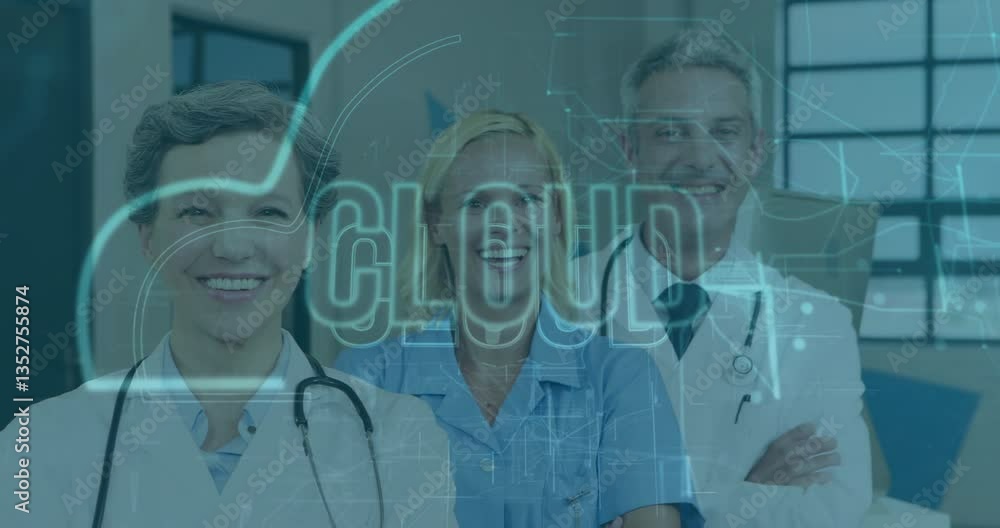 Poster smiling healthcare professionals with cloud computing animation in hospital setting