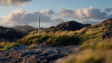 Solitary marker pole stands amid rugged landscape under soft sky illumination