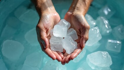 Person holds ice cubes in hands over ice bath. Cold water therapy, recovery technique. Cryotherapy for muscle relief after sports training. Wellness treatment, spa procedure, physical health concept.