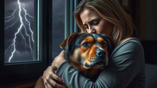 Woman comforts her scared dog during a thunderstorm, hugging it tightly by the window.