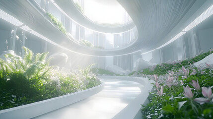 Eco-friendly futuristic atrium with lush greenery and natural light, showcasing sustainable architecture and innovation.