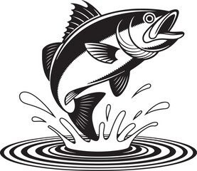 Jumping Bass Fish silhouette Black and White Illustration, Fishing Logo, Sport Fishing Clipart, vector