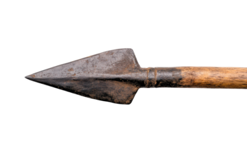 Antique wooden spear with iron arrowhead on black background, cut out