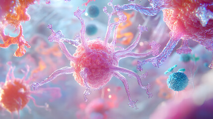 Microscopic view of vibrant biological cells floating in fluid, symbolizing medical research and biotechnology advancements.