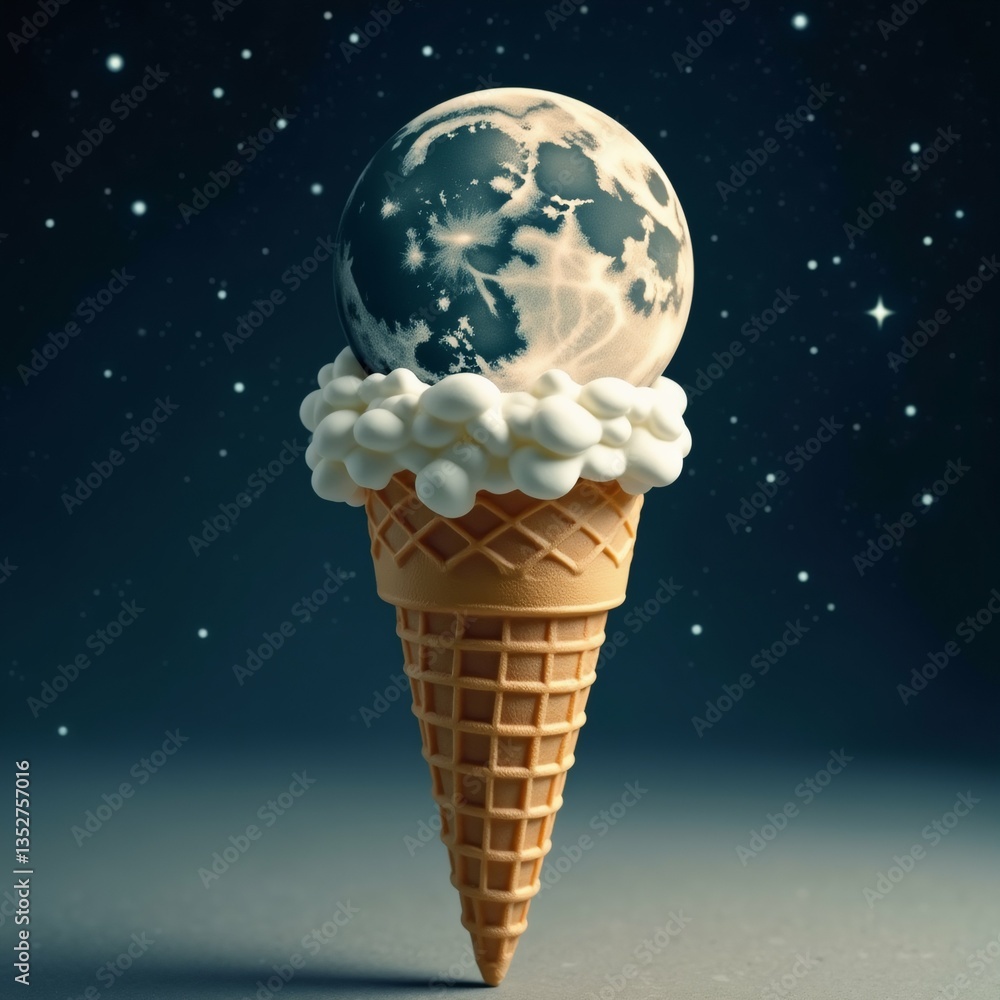 Poster rendering ice cream cone globe top globe spherical shape appears floating air ice cream waffle cone white foam top giving fluffy texture background dark blue small white stars scattered throughout