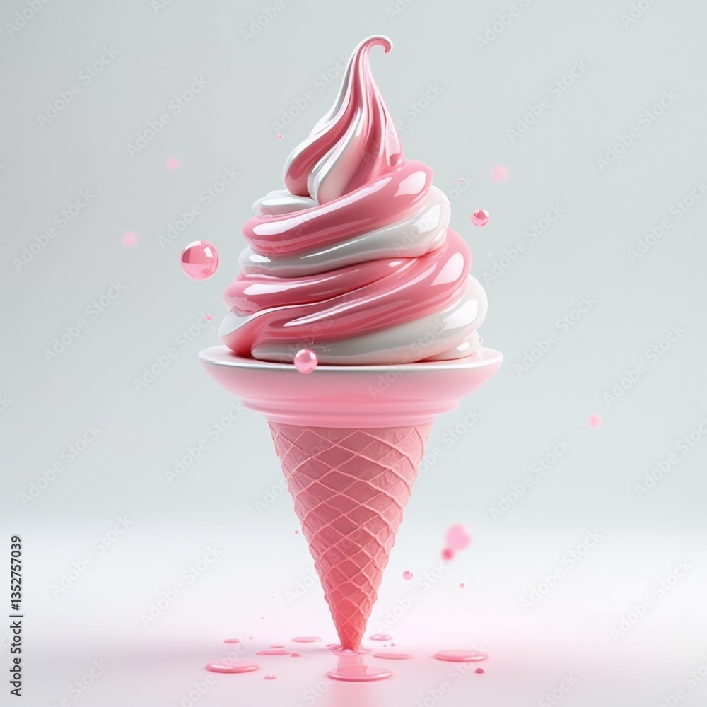 Poster rendering ice cream cone cone pink color has waffle like texture top cone swirl pink white whipped c
