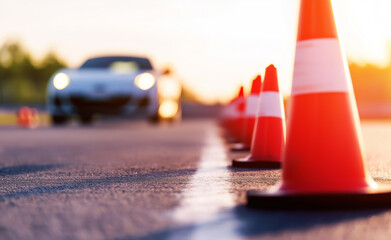 Close-up of a sports car near traffic cones on a racetrack during sunset, creating a dynamic and intense scene.