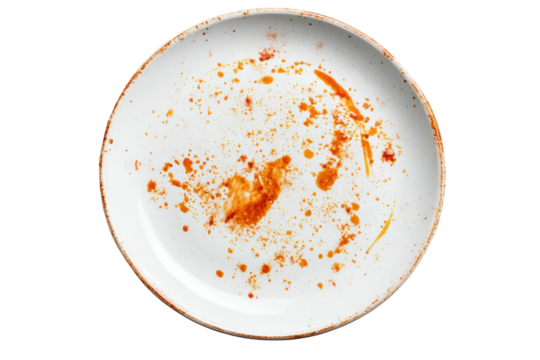 Empty plate with sauce stains on black background, cut out