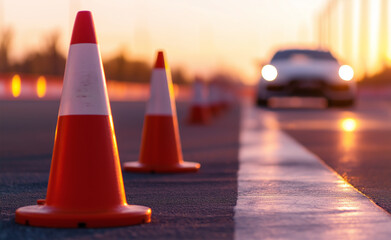 Close-up of a sports car near traffic cones on a racetrack during sunset, creating a dynamic and intense scene.