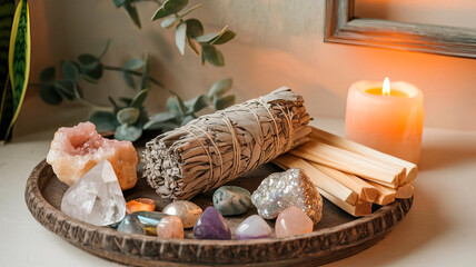 A beautifully arranged spiritual cleansing set with a bundle of white sage, palo santo sticks	
