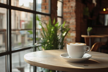 Latte art in a cozy coffee shop with city street view. Great for urban lifestyle, café culture, and morning rituals.

