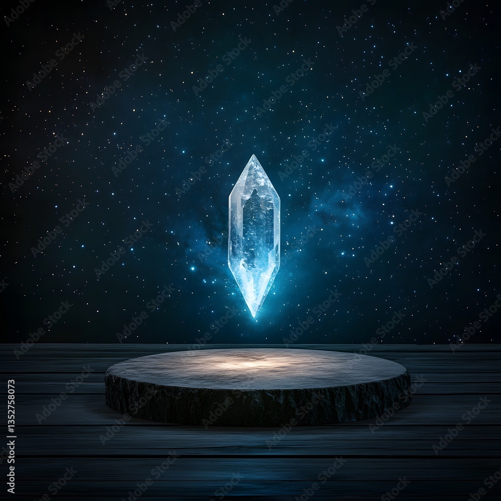 Poster a floating crystal podium, levitating in a mystical celestial environment