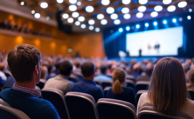 Audience members seated in a large auditorium, facing a stage with bright lights and a presentation happening.

