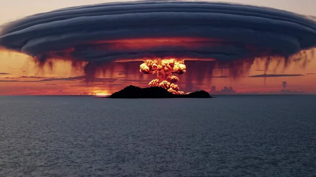 Nuclear explosion over island at sunset, dramatic sky. Apocalyptic scene concept