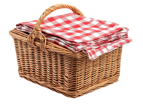 Wicker picnic basket with a folded red-and-white checkered cloth ready for outdoor dining - Powered by Adobe
